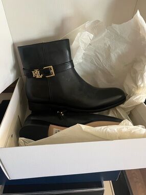 Ralph Lauren Black Leather Ankle Booties with Gold RL Buckle